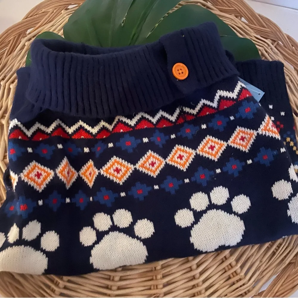 Vibrant Life navy blue Holiday Dog Turtleneck sweater button Collar Medium NWT